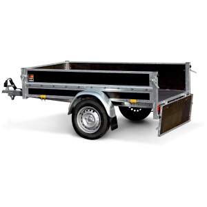 Stema Holzanhänger HZ 7.5-20-12.1: Robuster Autoanhänger mit Holzwänden und klappbarer Heckklappe.