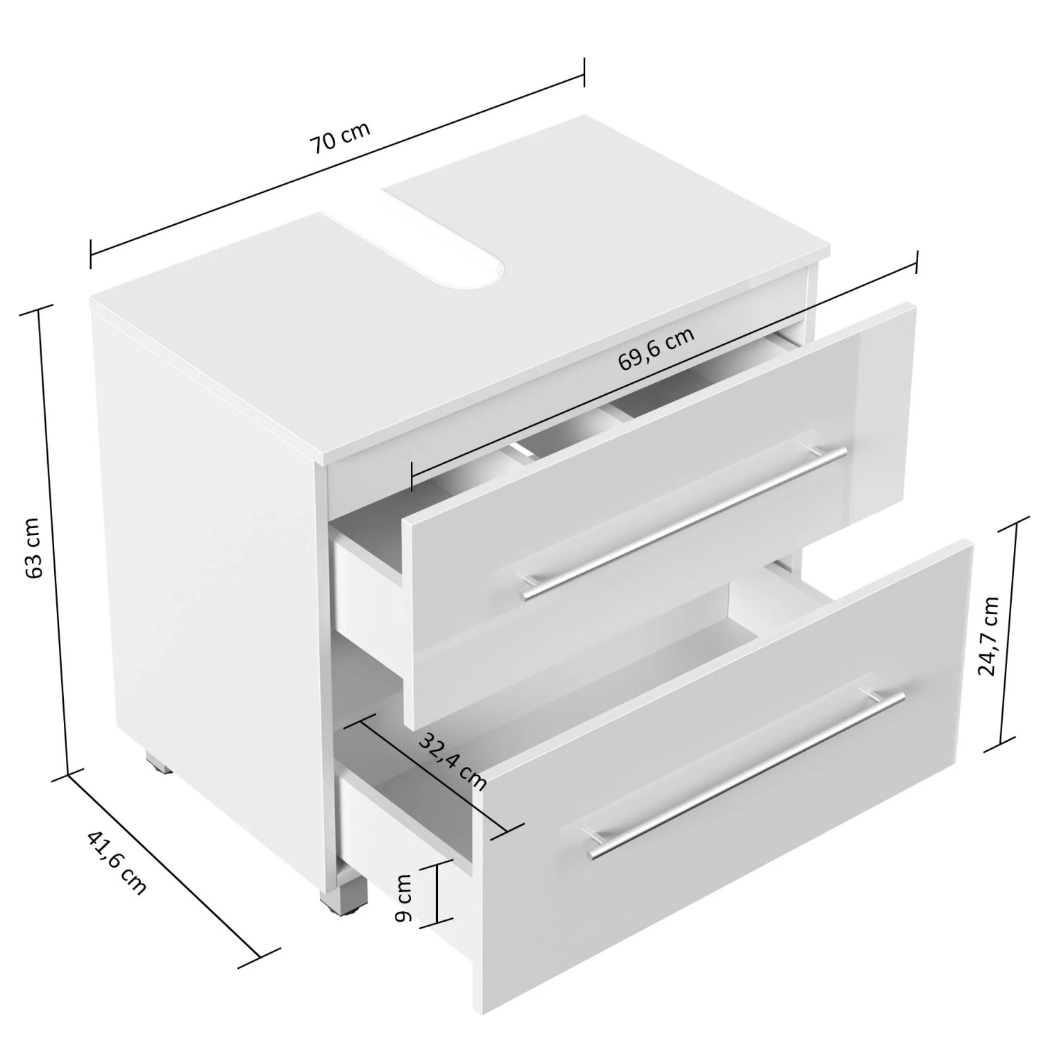 Posseik Bad-Einbauschrank Mondial Universal, 70 cm, Weiß Hochglanz mit zwei Schubladen.