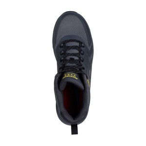 Dunkelgrauer Skechers S3S Sicherheitsschuh Nordown Trekker, knöchelhoch mit Schnürung, Draufsicht.