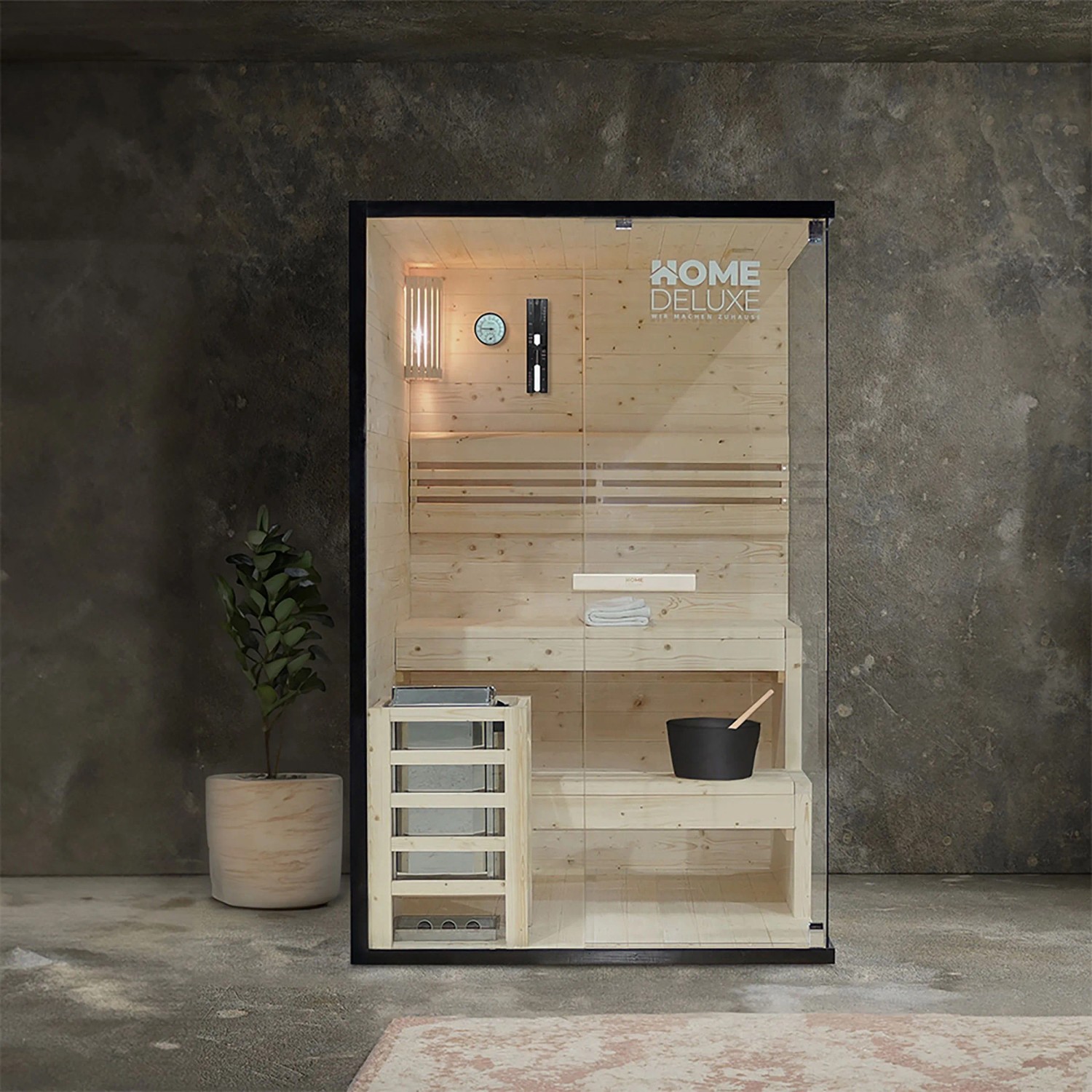 Home Deluxe Sauna SHADOW M für 2 Personen, traditionelle Sauna mit Panorama-Glasfront und Zubehör.