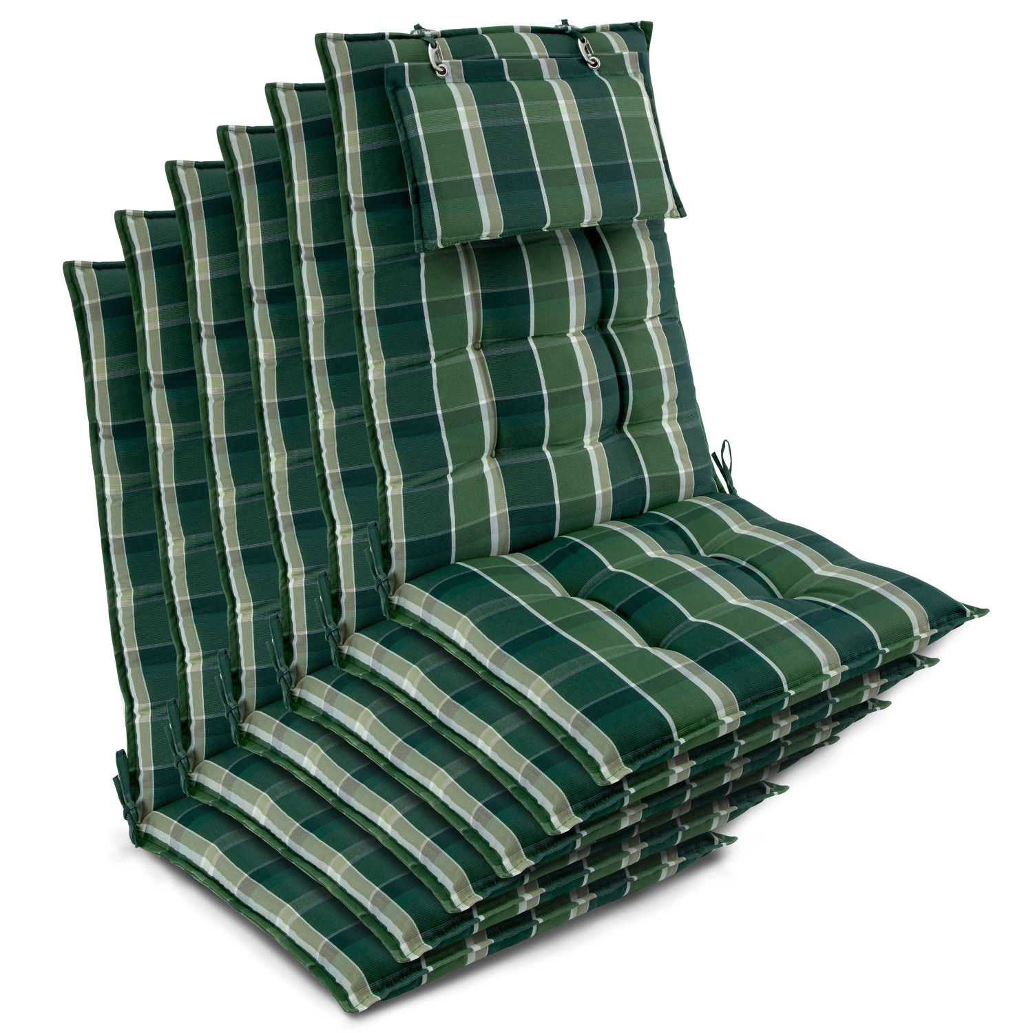Beautissu 6er Set Sun-HL Hochlehner Auflage 120x50x8cm Grün-Kariert