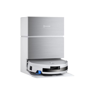 ECOVACS DEEBOT X11 PRO OMNI Saug-Wischroboter in weiß-silberner All-in-One OMNI Station.