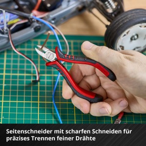 Einhell Feinmechaniker-Zange im Einsatz: Präzises Schneiden von Draht mit Seitenschneider aus dem 8-teiligen Werkzeug-Set.