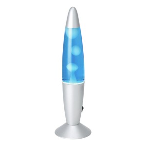 Silberne LED-Lavatischleuchte mit blauer Flüssigkeit und weißem, schwebendem Wachs. Dekoratives Licht.