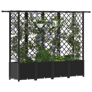 Schwarzes vidaXL Hochbeet aus PP mit Rankgitter und Dach. Ideal für Kletterpflanzen und Hängekörbe im Garten.