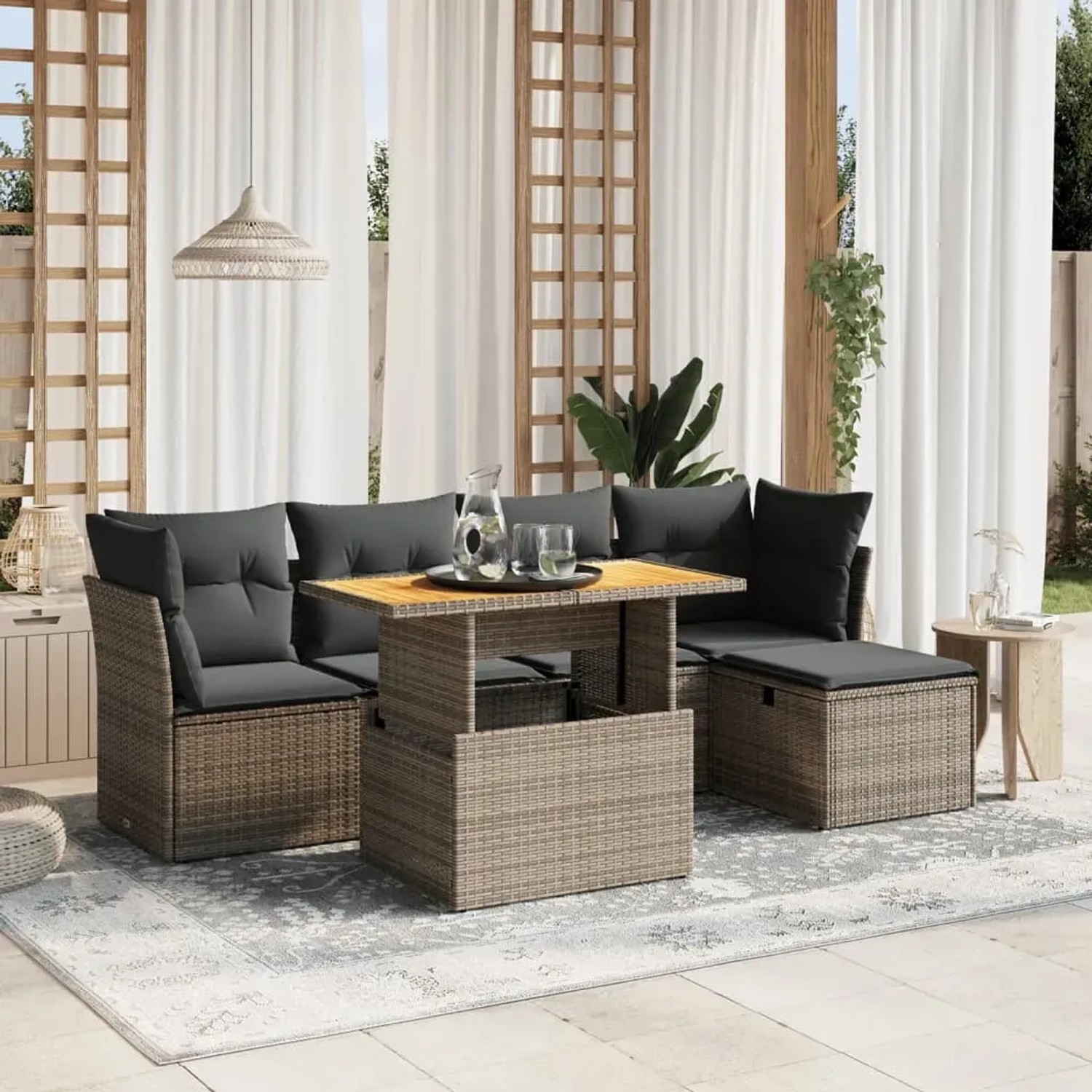 Graue 6-tlg. vidaXL Garten-Sofagarnitur aus Polyrattan mit Tisch und Kissen.