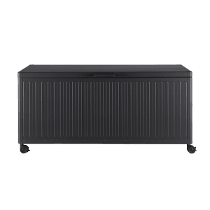 Anthrazitfarbene Bizzotto Box Ocean mit Rädern, 164,8 cm breit, zur Aufbewahrung im Garten.