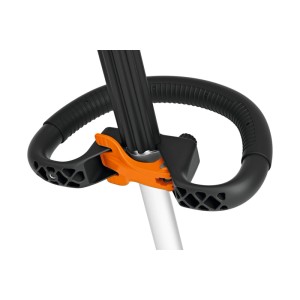 Stihl Akku-Motorsense FSA 70 R: Detail des schwarzen Rundumgriffs mit orangefarbener Verstellung am Schaft.