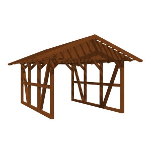 Skan Holz Carport Schwarzwald, Nussbaum, mit Dachlattung. Fachwerk-Bauweise mit Satteldach.