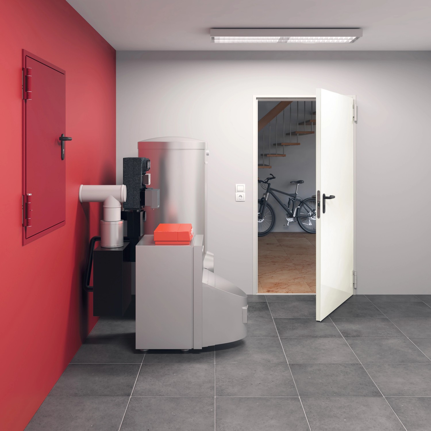 Hörmann Feuerschutztür T 30-H8-5 in Grauweiß, 87,5x200 cm, im Garagenraum mit Heizung und Fahrrad im Hintergrund.