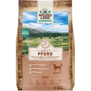 Wildes Land Hunde-Trockenfutter Pferd, 1kg. Glutenfreies Futter mit Wildkräutern für allergische Hunde.
