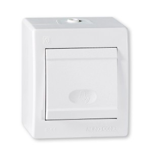 Weißer Aling-Conel Aufputz Klingeltaster IP44 für den Außen- und Innenbereich.