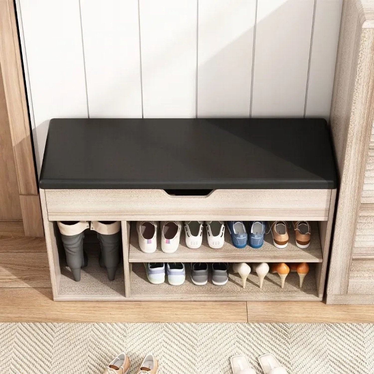 Rebiko Schuhschrank Mit Sitzfläche Aus Holz Stauraum 2 Einlegeböden Zu Öffnen Helle Eiche_4