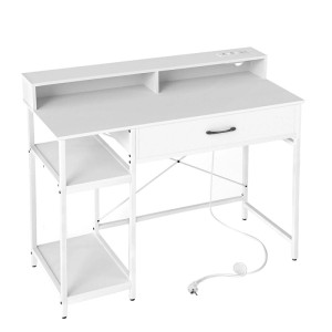 Costway Schreibtisch mit Steckdosen & Schublade & Abnehmbarem Regal Weiß