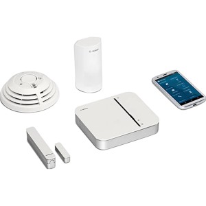 Bosch Smart Home Starter-Set Sicherheit: Alarmanlage mit Rauchmelder, Bewegungsmelder, Tür-/Fensterkontakt und Controller.