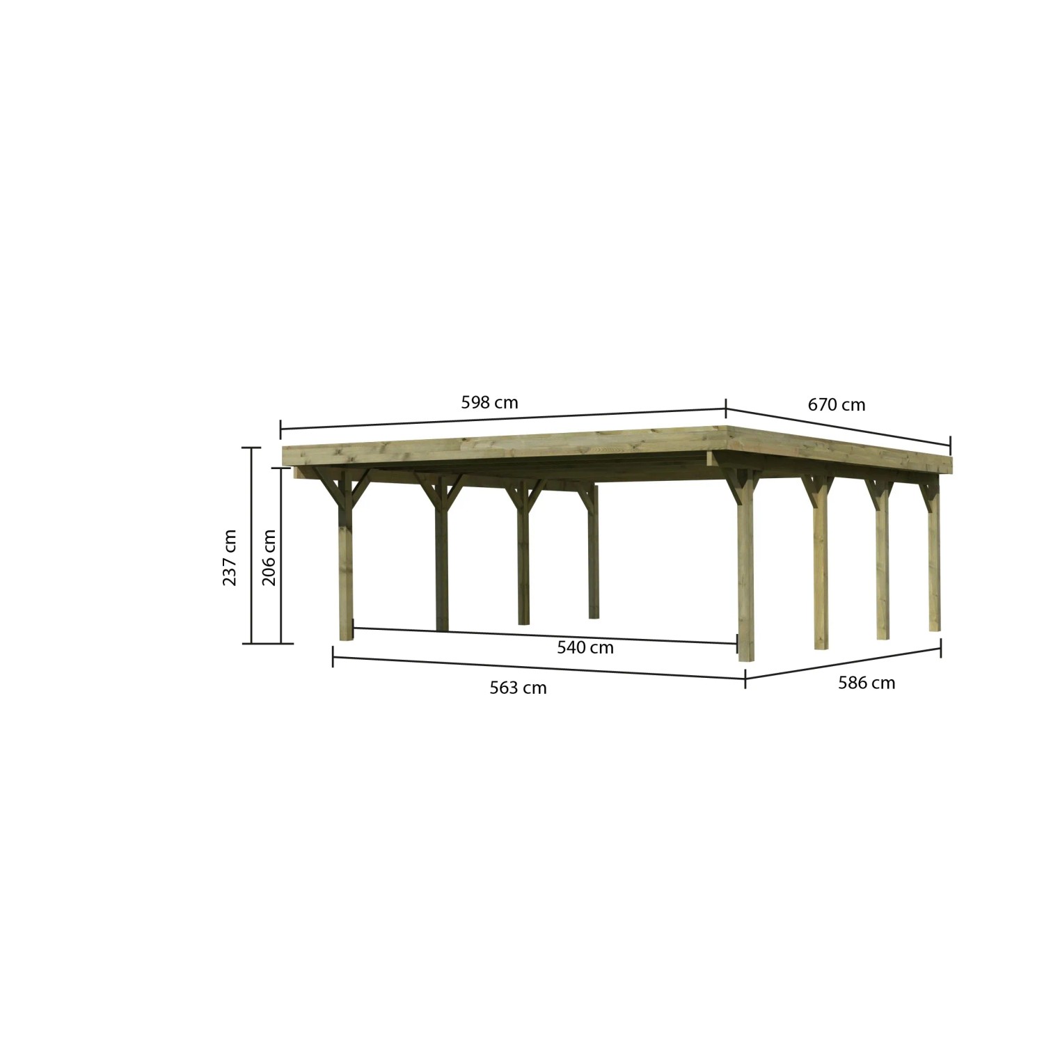 Karibu Doppelcarport Classic mit Maßangaben, Holzkonstruktion mit PVC-Dachplatten.