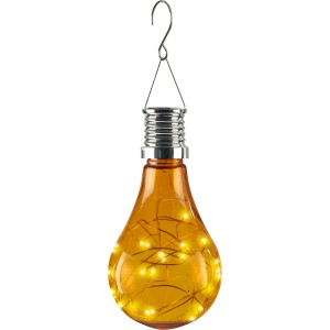 Gelbe LED Solar Pendelleuchte in Glühbirnenform mit Lichterkette für den Außenbereich.