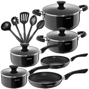 Tectake Kochtopfset Varese, 15-teilig, mit Töpfen, Pfannen und Küchenhelfern in Schwarz.