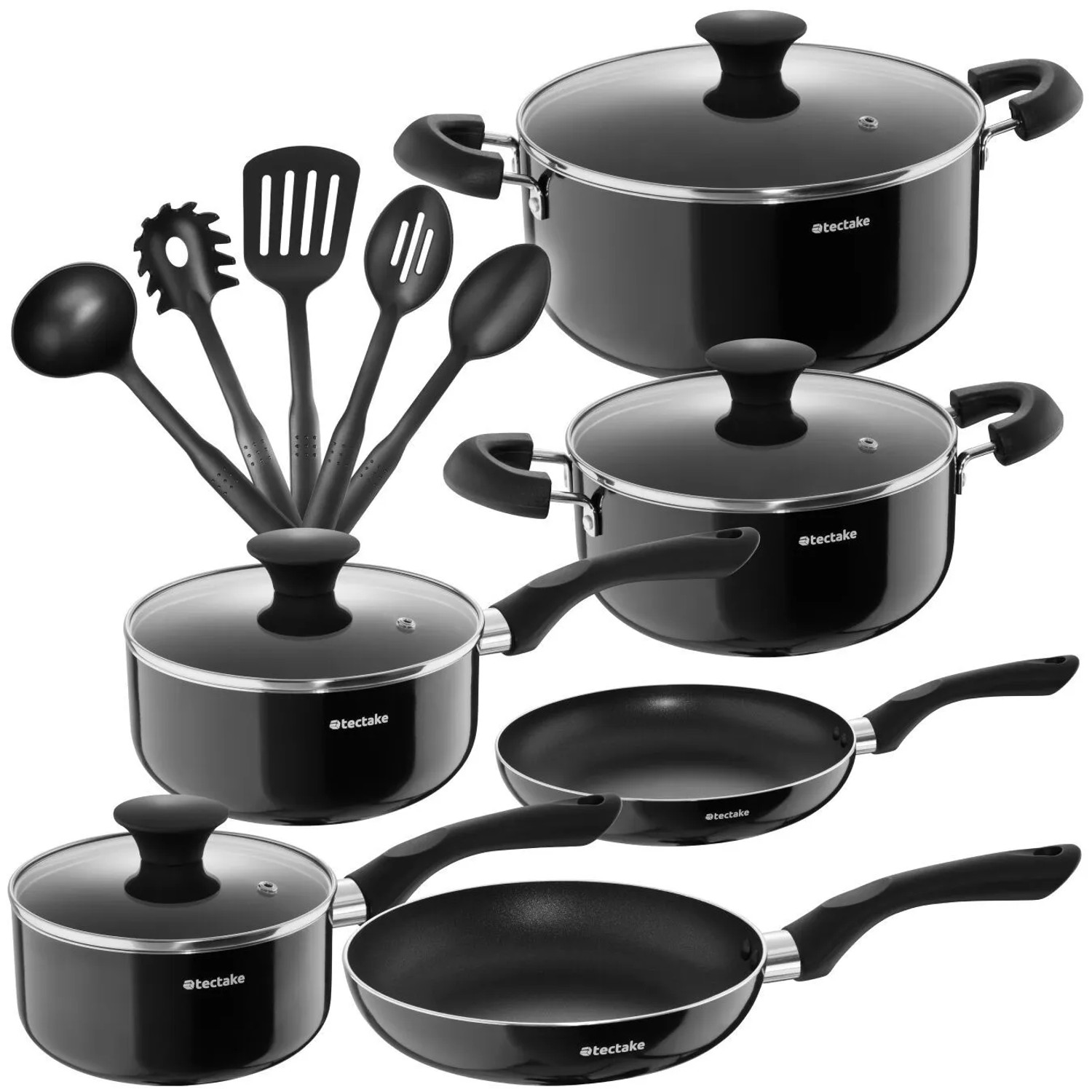 Tectake Aluminium Kochtopfset Varese 15 Teilig 4 Töpfe und 2 Pfannen Mit Antihaftbeschichtung  45 50 x 26 x 4 80 cm Schw...
