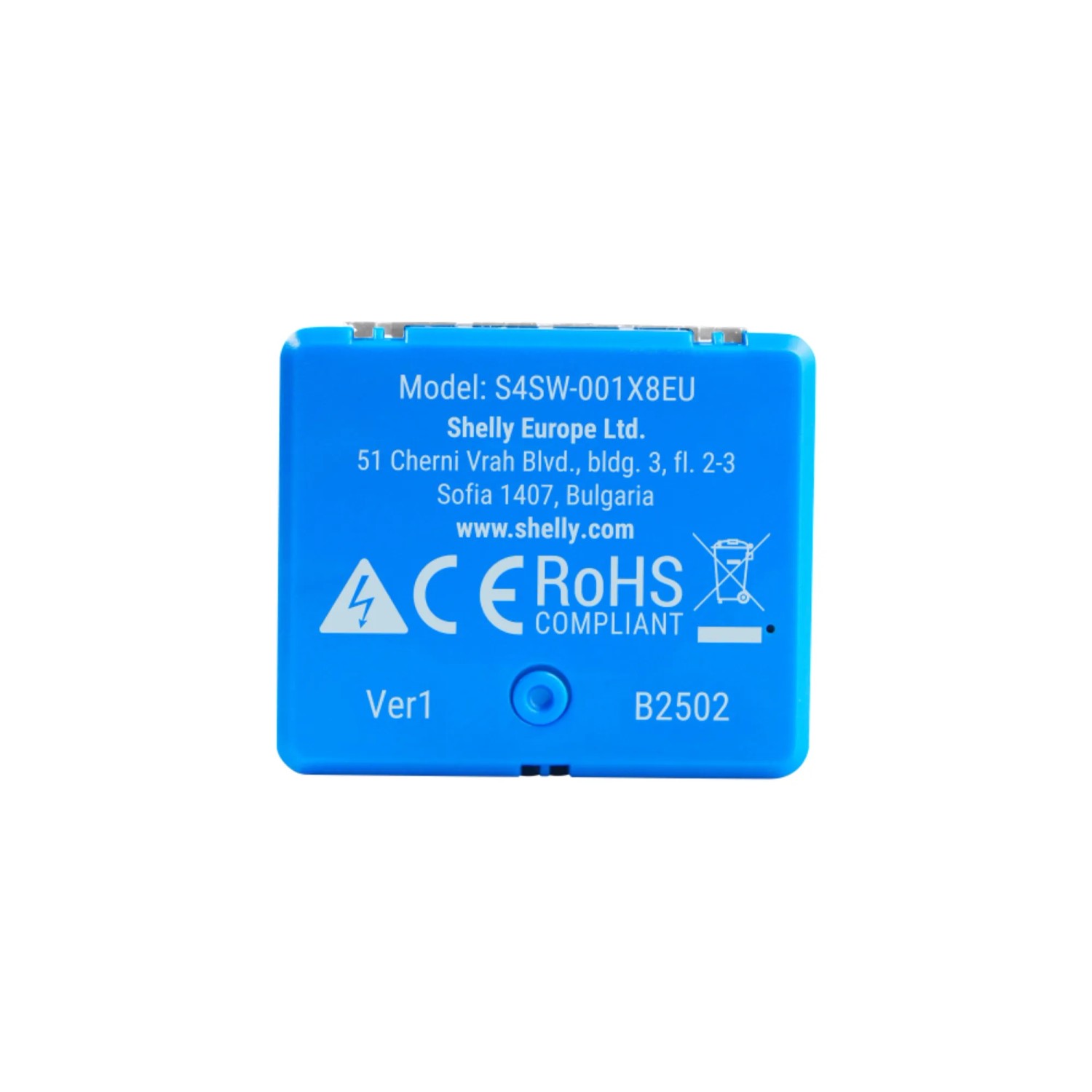 Blaues Shelly Smart-Relais Mini Gen4 für die Hausautomation, Detailansicht der Rückseite.