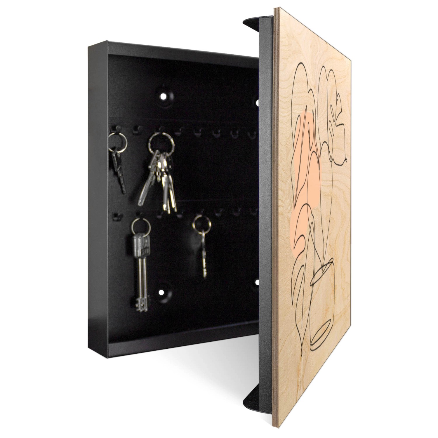 Offener, schwarzer Banjado Schlüsselkasten mit Holzfront (Minimalistische Pflanzenlinie) und Schlüsseln.