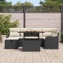 Schwarzes 7-tlg. vidaXL Garten-Sofa-Set aus Poly Rattan mit Tisch und beigen Polstern.