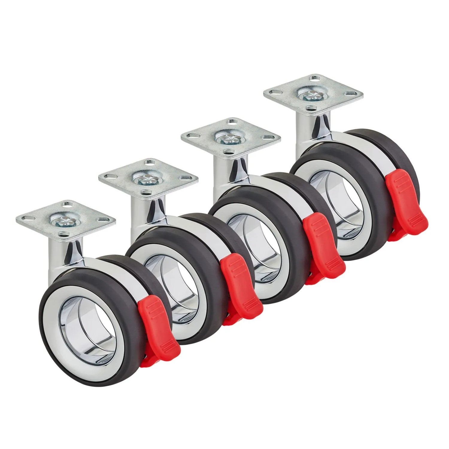 SOTECH 4er Set Premium Möbelrolle DÜSSELDORF Ø75 mm Höhe 98,5 mm Chrom Schwarz mit Bremse Anschraubplatte 47 x 47 mm