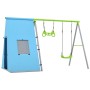 Blau-grünes 3-in-1 Schaukelgestell mit Schaukel, Turnringen und blauem Spielzelt für Kinder.