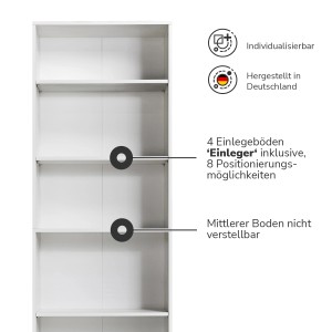Weißes mokebo Holzregal (60x180x34 cm) mit 5 Fächern, ideal als Aufbewahrungsregal oder Bücherregal.
