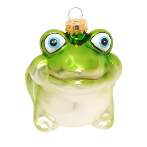 Grüner Glasfrosch als Weihnachtskugel von Krebs Glas Lauscha, 9cm, mit großen blauen Augen und goldener Aufhängung.