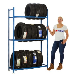 Blaues PROREGAL Reifenregal Metal Shark mit 3 Ebenen und eingelagerten Reifen.