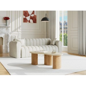 Moderner Alozya Couchtisch, beige/naturfarben, mit Travertin-Effekt. Organische Form, Holzbeine, 120 cm lang. Für Wohnzimmer.