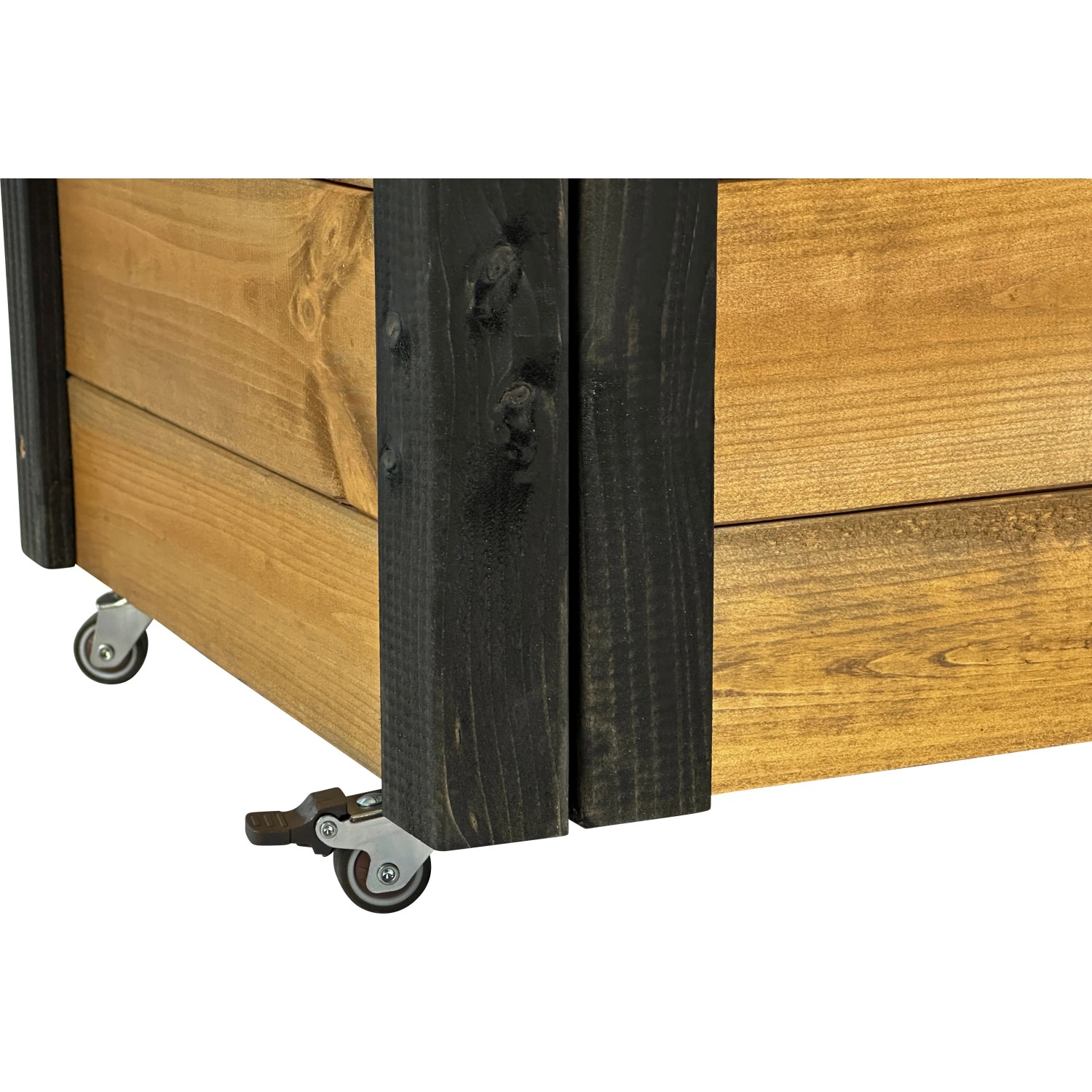 Detailaufnahme: Rollbarer Gartenschrank mit Pflanzkasten aus Holz, braun/schwarz.
