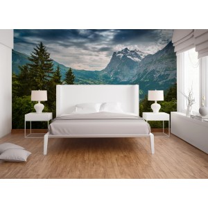 Fototapete mit Wald, Fluss und Bergen in Grün und Blau, 3,50x2,55m.