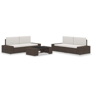 Braunes 5-tlg. vidaXL Garten-Lounge-Set aus Polyrattan mit cremeweißen Polstern und Tisch.