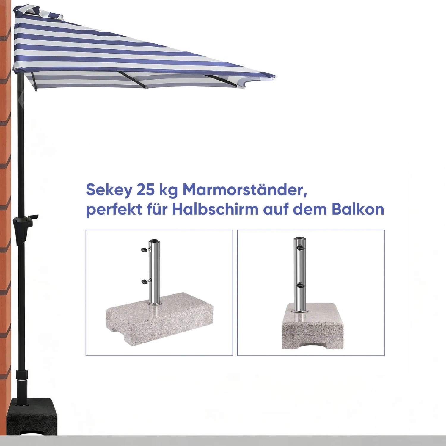 Sekey halbrunder Balkonschirm 270 cm mit blau-weißem Streifenmuster und Kurbel.