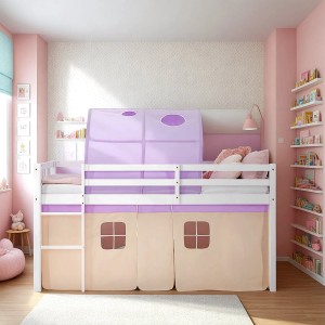 Homestyle4u Kinder Hochbett 90x200 mit lila Tunnel und Vorhang.