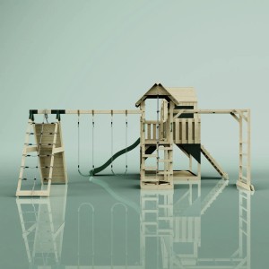 OutdoorToys Spielturm Milo mit Schaukel, Rutsche und Kletterwand aus Holz, dunkelgrün akzentuiert.