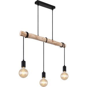 Globo Pendelleuchte Gregor, 3-flammig, schwarz, mit Holzelement. Hängelampe im Vintage-Look für E27 Leuchtmittel.