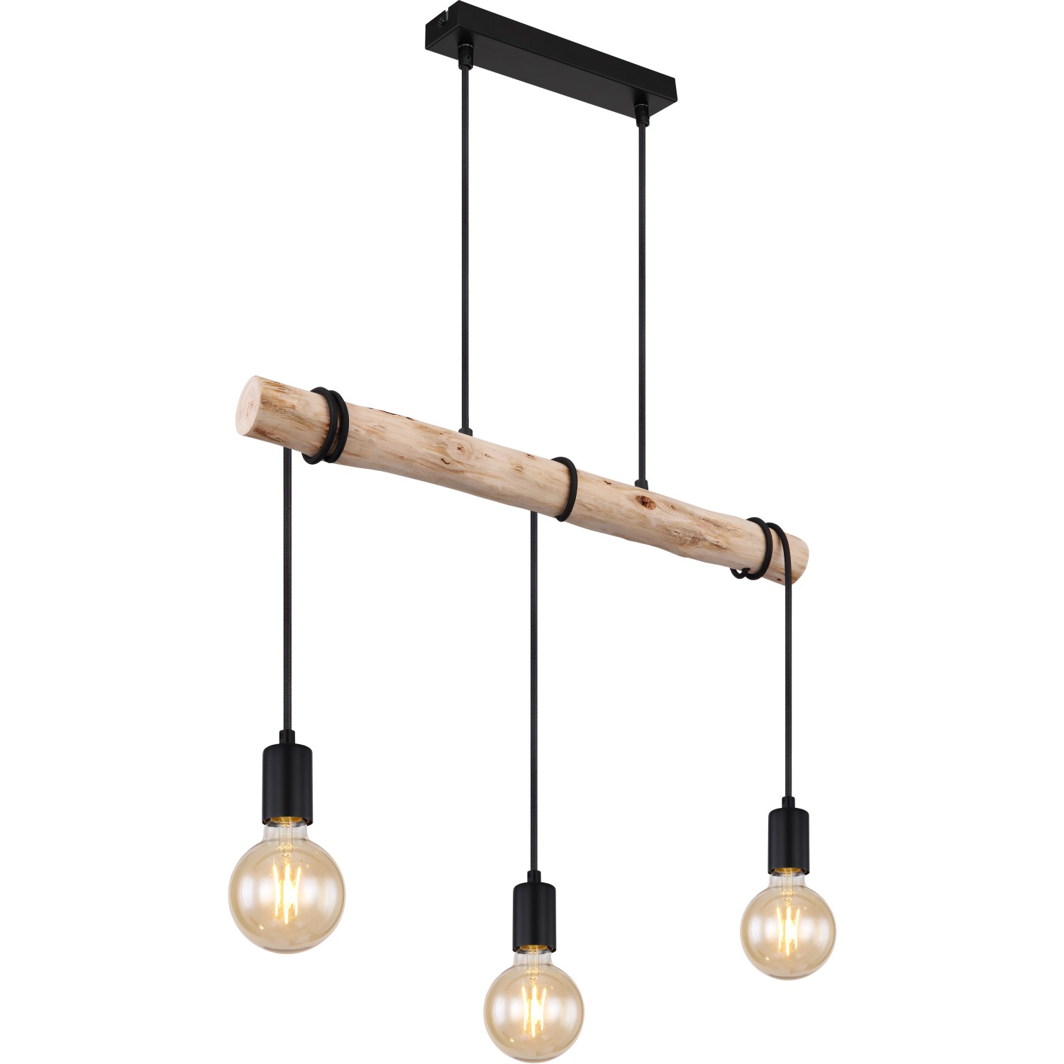 Globo Pendelleuchte Gregor, 3-flammig, schwarz, mit Holzelement. Hängelampe im Vintage-Look für E27 Leuchtmittel.