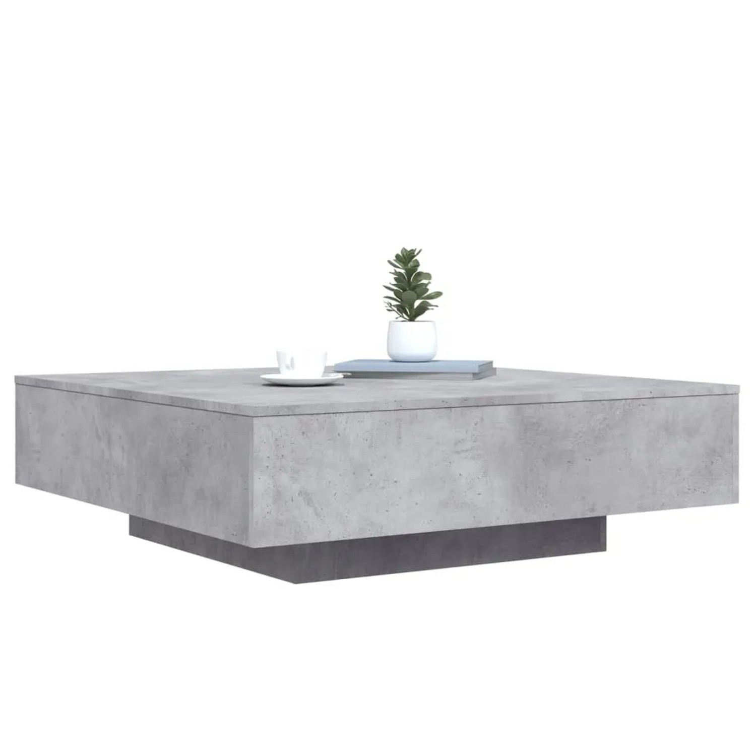 Moderner, grauer Couchtisch mit LED-Beleuchtung, quadratisch, 100x100 cm. Dekoration mit Pflanze und Tasse.