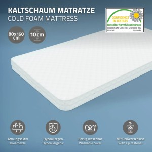 Weiße ML-Design Kaltschaummatratze 80x160 cm für Kinderbett, 10 cm dick, atmungsaktiv, hypoallergen, waschbarer Bezug.