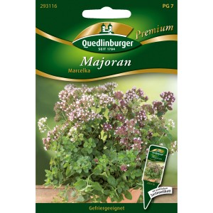 Quedlinburger Majoran Marcelka Saatgut-Packung mit blühendem Majoran.