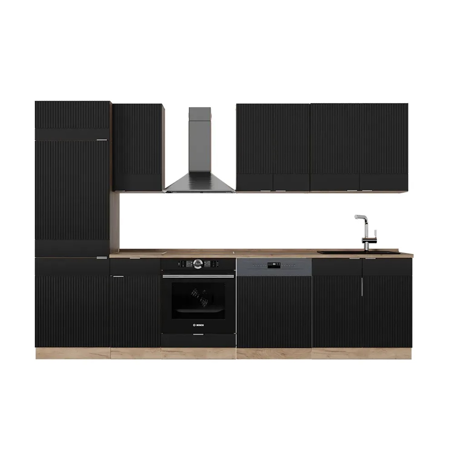 Vicco Fame-Line Küchenzeile Schwarz gestreift/Goldkraft Eiche 300 cm AP Eiche ohne E-Geräte