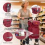 Sekey 3-in-1 Einkaufsroller rot mit Kühlfach und Spanngurt im Einsatz im Supermarkt.