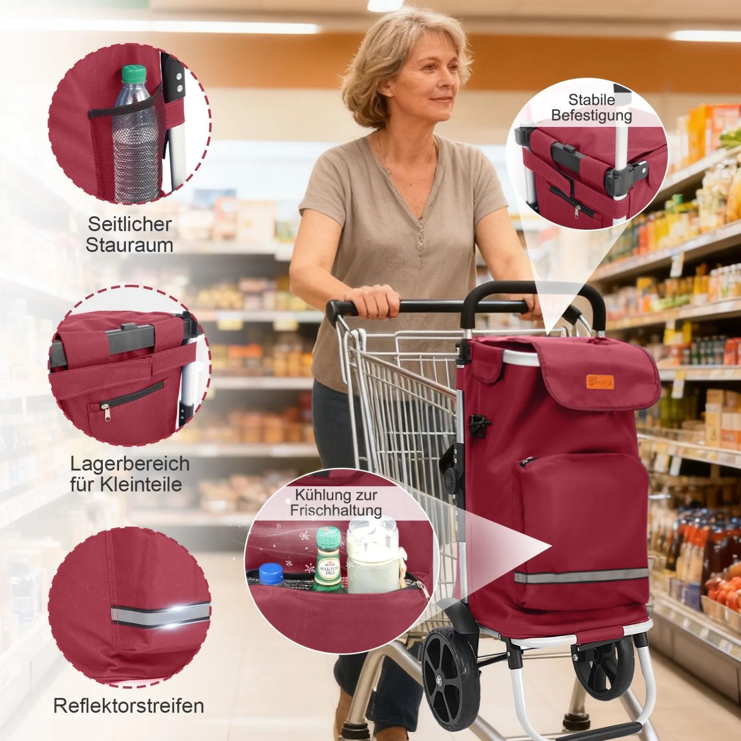 Sekey 3-in-1 Einkaufsroller rot mit Kühlfach und Spanngurt im Einsatz im Supermarkt.