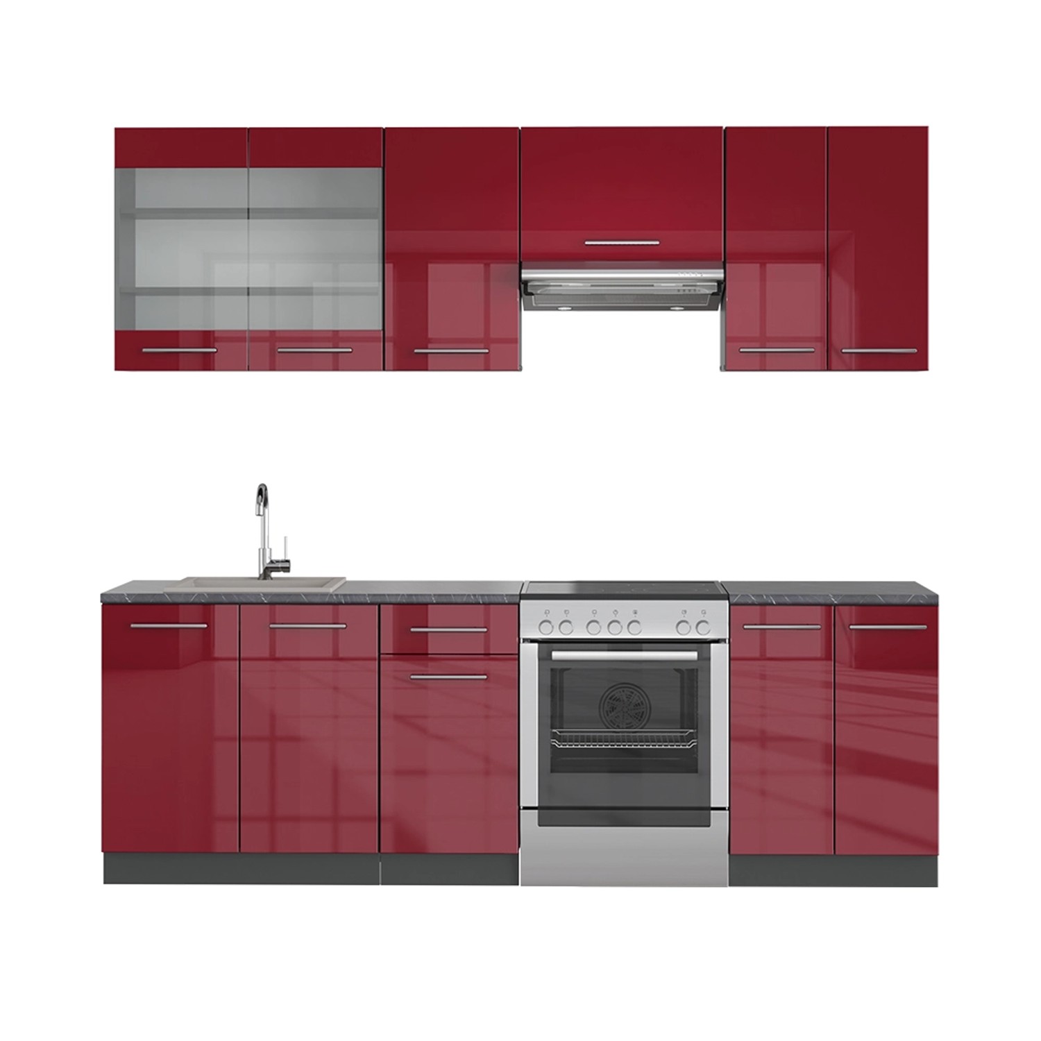 Vicco Fame-Line Küchenschränke Bordeaux Hochglanz 240 cm ohne Arbeitsplatte günstig online kaufen