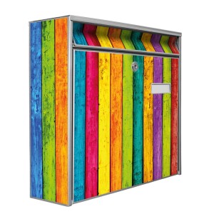 Banjado Briefkasten Silber mit buntem Holzlatten-Motiv, inkl. Montagematerial und 2 Schlüsseln.