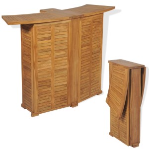 vidaXL Klappbarer Bartisch aus Teakholz, 155x53x105 cm, mit Flaschenhalter und Regalen.