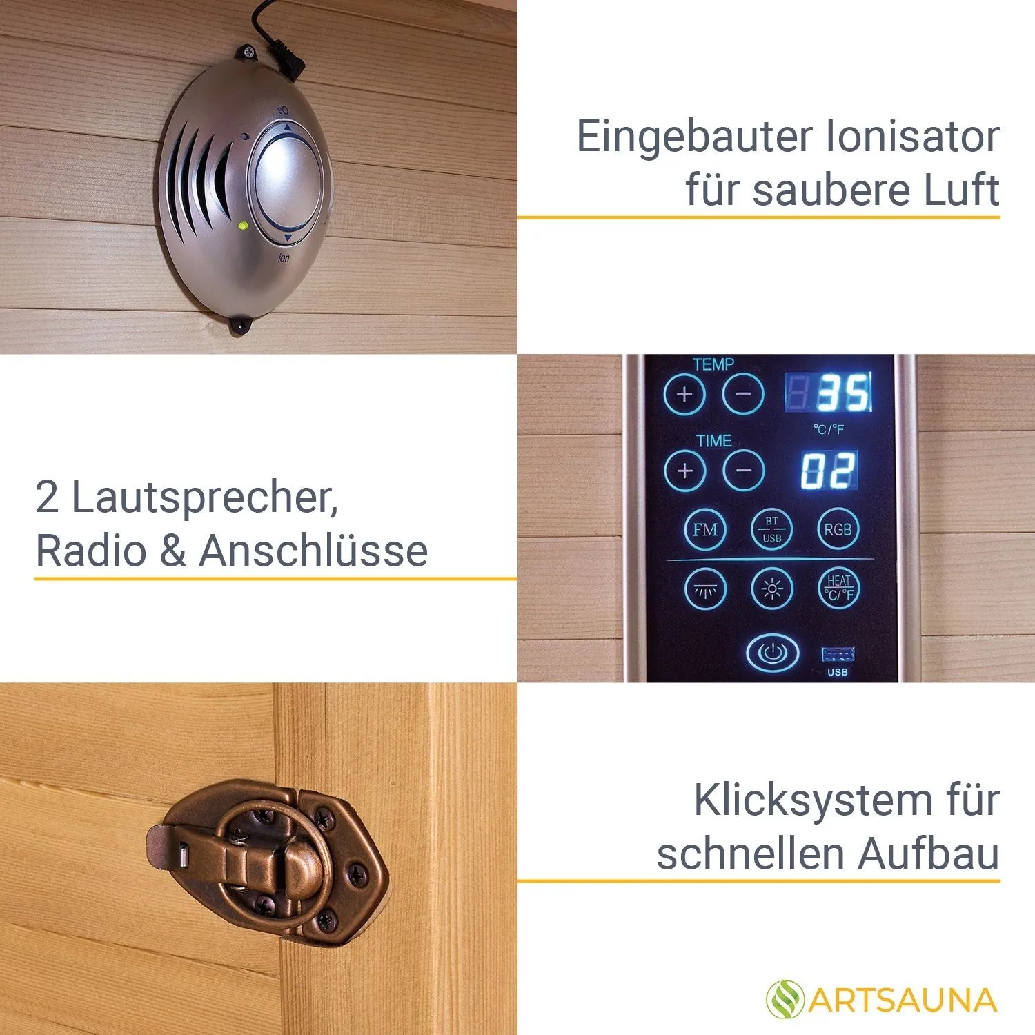 Detailansicht Artsauna Infrarotkabine Nyborg E150K: Ionisator, Bedienfeld, Türverschluss, Lautsprecher.